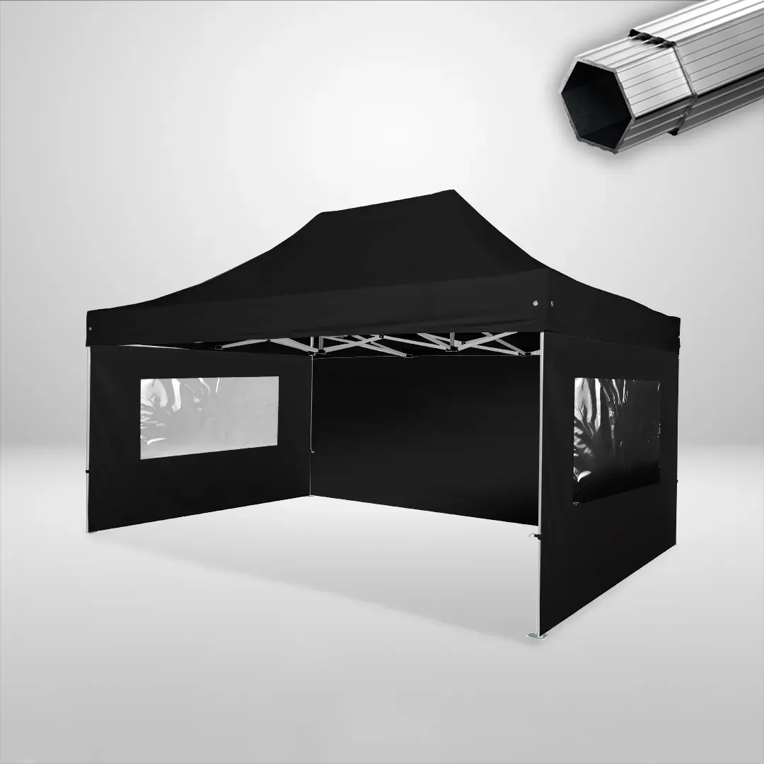 Carpa Plegable 3x4.5 m, Gama PLUS 40mm, 1 lateral liso y 2 laterales con ventanas, negro 1 Carpa Plegable 3x4.5 m, Gama PLUS 40mm, 1 lateral liso y 2 laterales con ventanas, negro