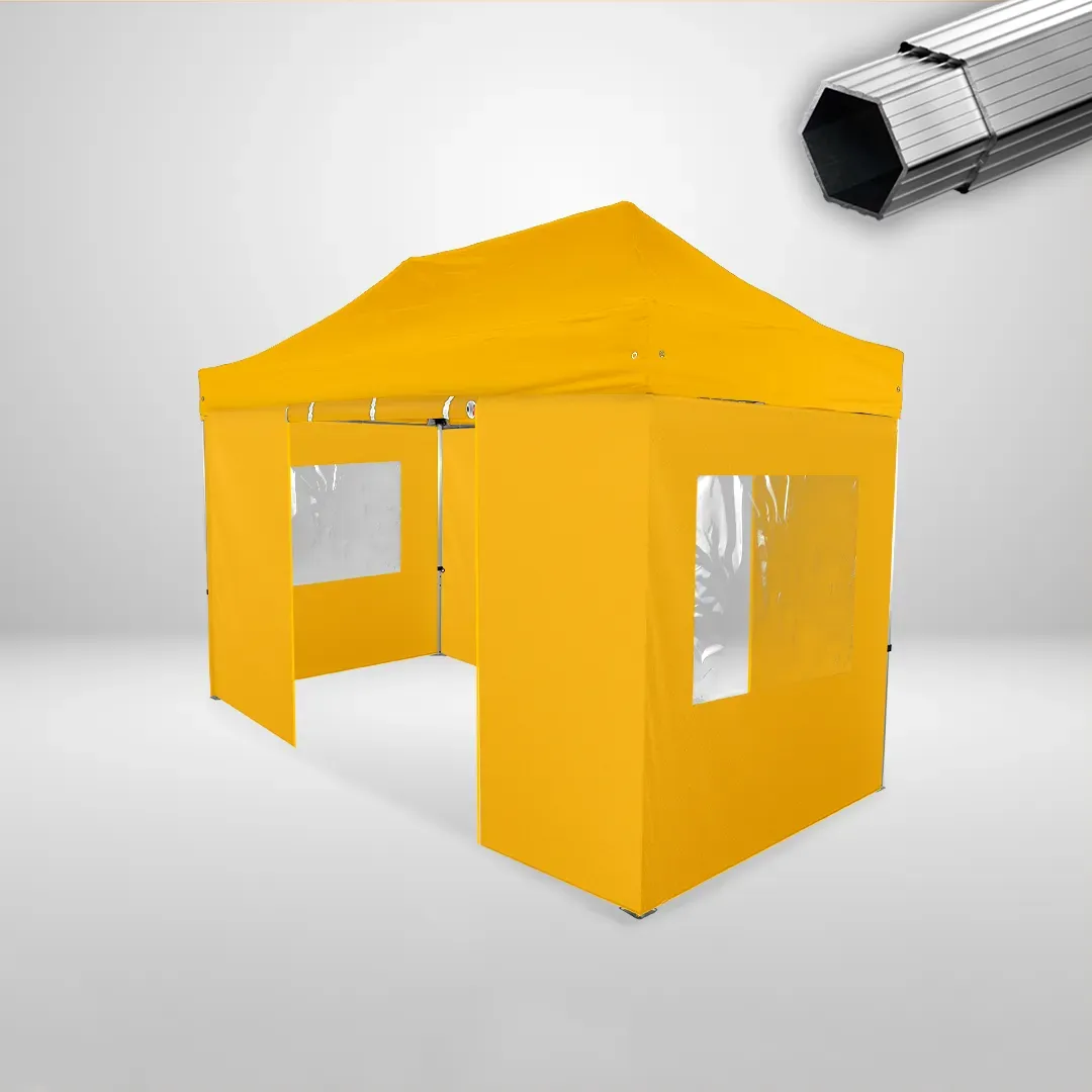 Carpa Plegable 4x2 m, Gama PLUS 40mm, 2 laterales con puerta y 2 laterales con ventanas, amarillo