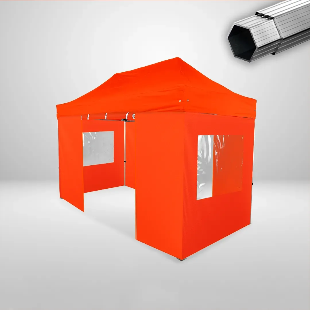 Carpa Plegable 4x2 m, Gama PLUS 40mm, 2 laterales con puerta y 2 laterales con ventanas, naranja