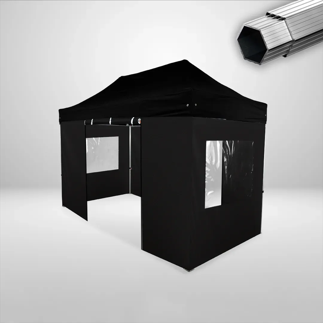 Carpa Plegable 4x2 m, Gama PLUS 40mm, 2 laterales con puerta y 2 laterales con ventanas, negro
