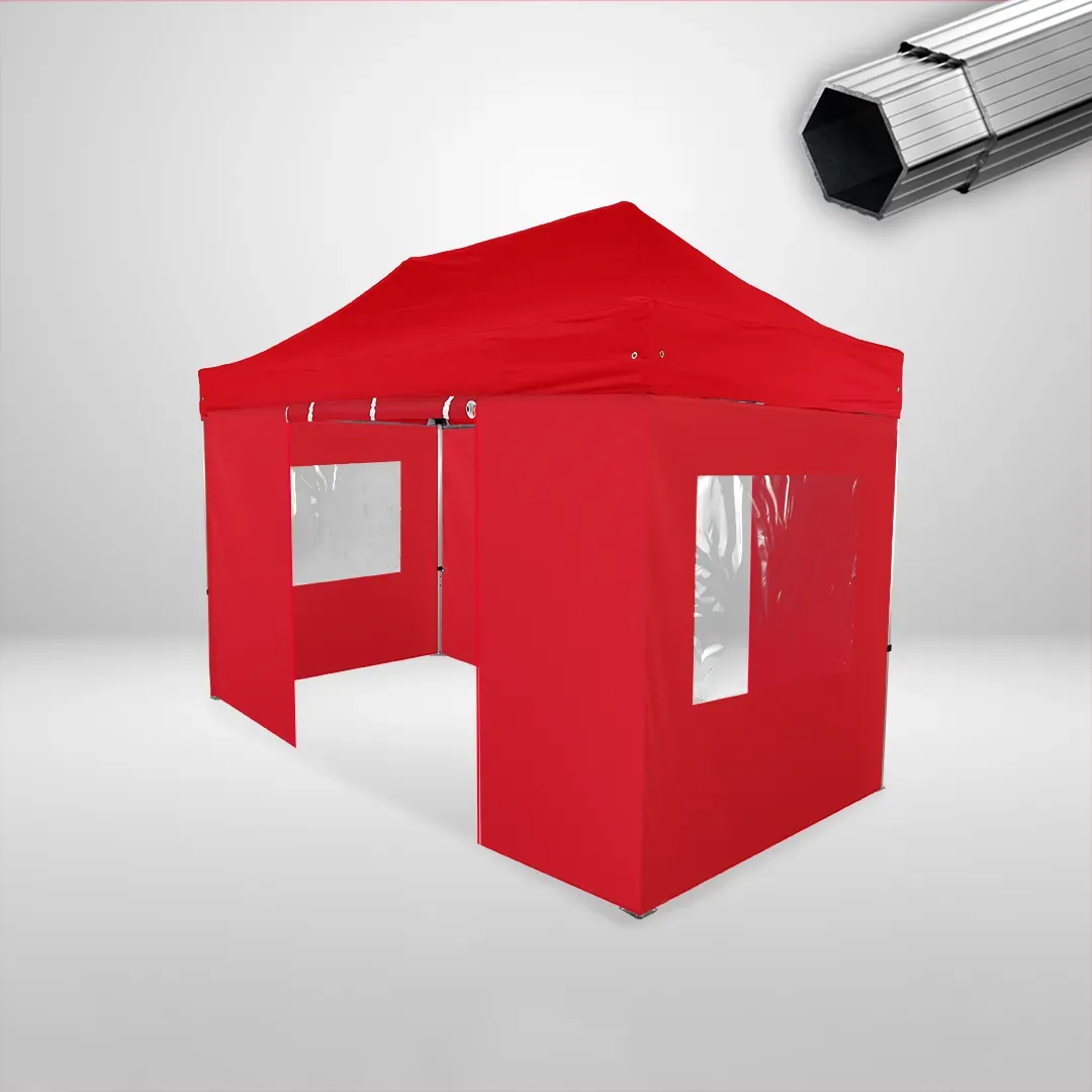 Carpa Plegable 4x2 m, Gama PLUS 40mm, 2 laterales con puerta y 2 laterales con ventanas, rojo