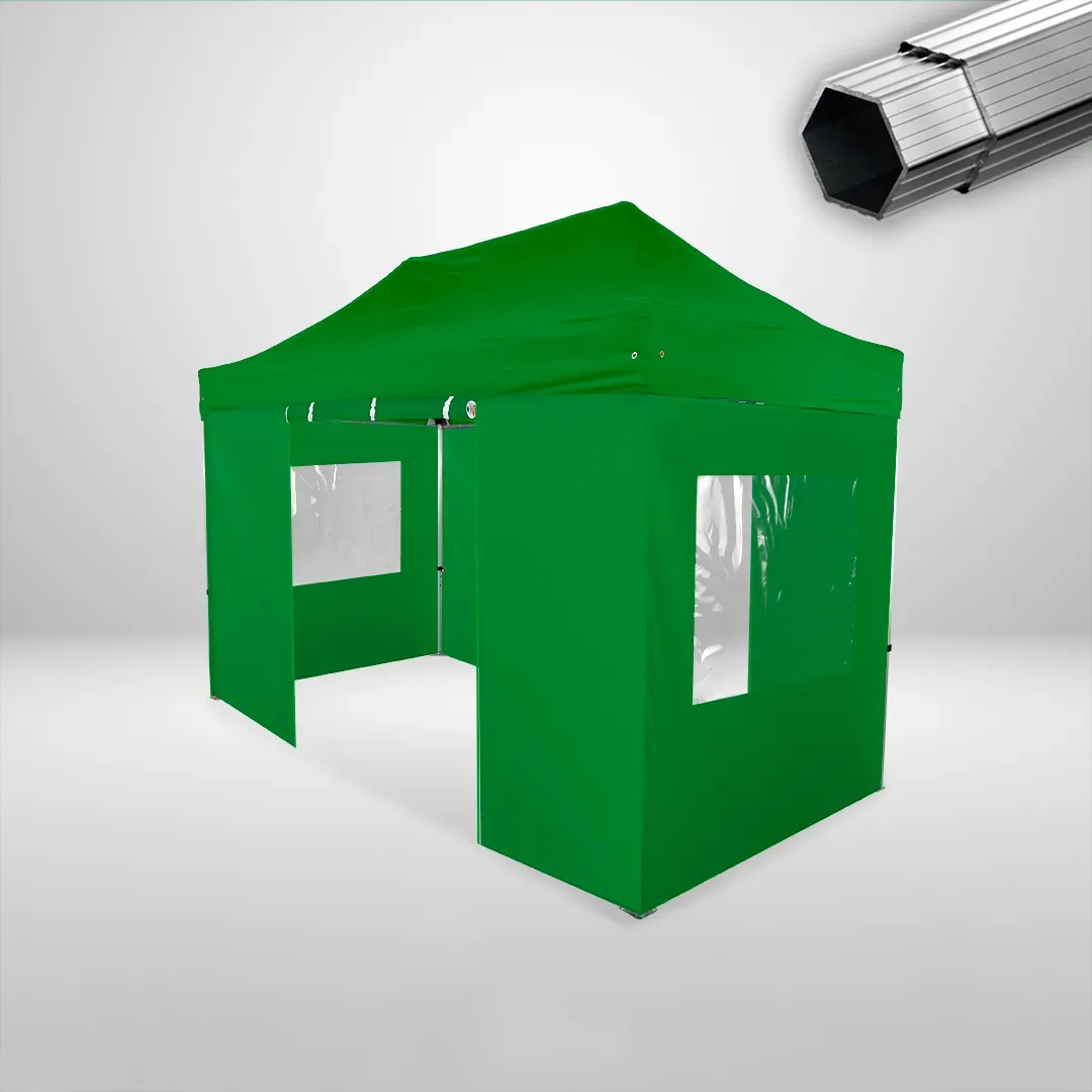Carpa Plegable 4x2 m, Gama PLUS 40mm, 2 laterales con puerta y 2 laterales con ventanas, verde botella