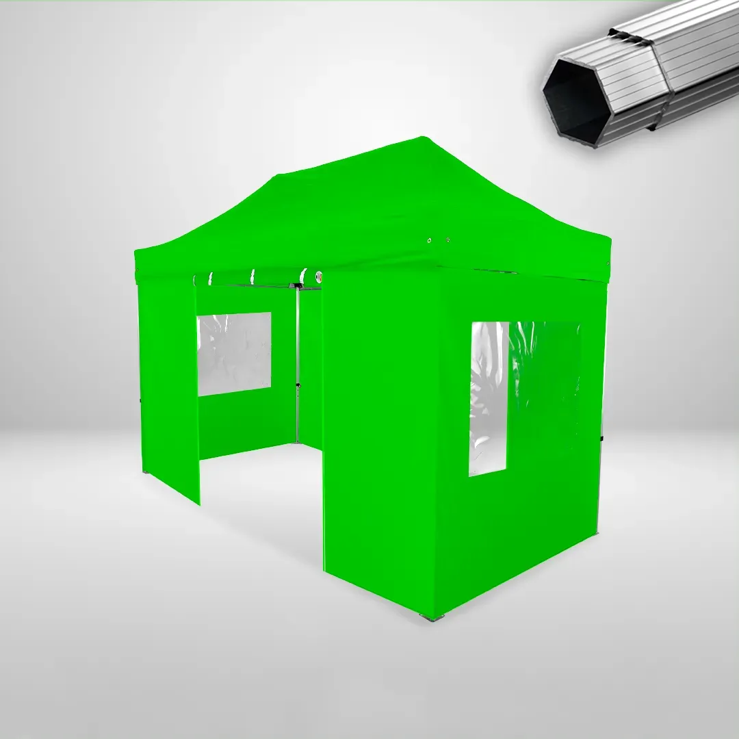 Carpa Plegable 4x2 m, Gama PLUS 40mm, 2 laterales con puerta y 2 laterales con ventanas, verde lima
