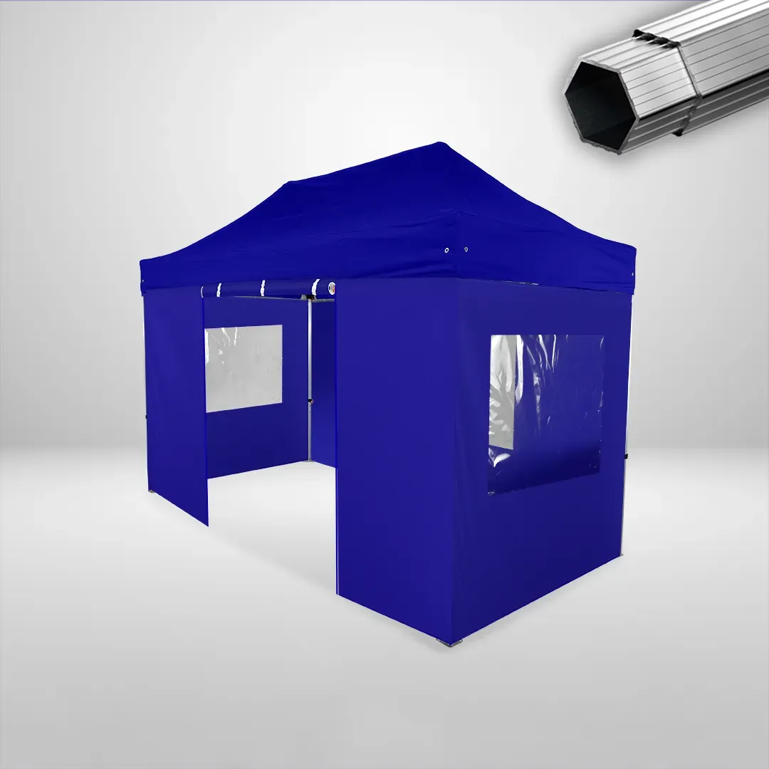 Carpa Plegable 4x2 m, Gama PLUS 40mm, 3 laterales con ventanas y 1 laterales con puerta, azul