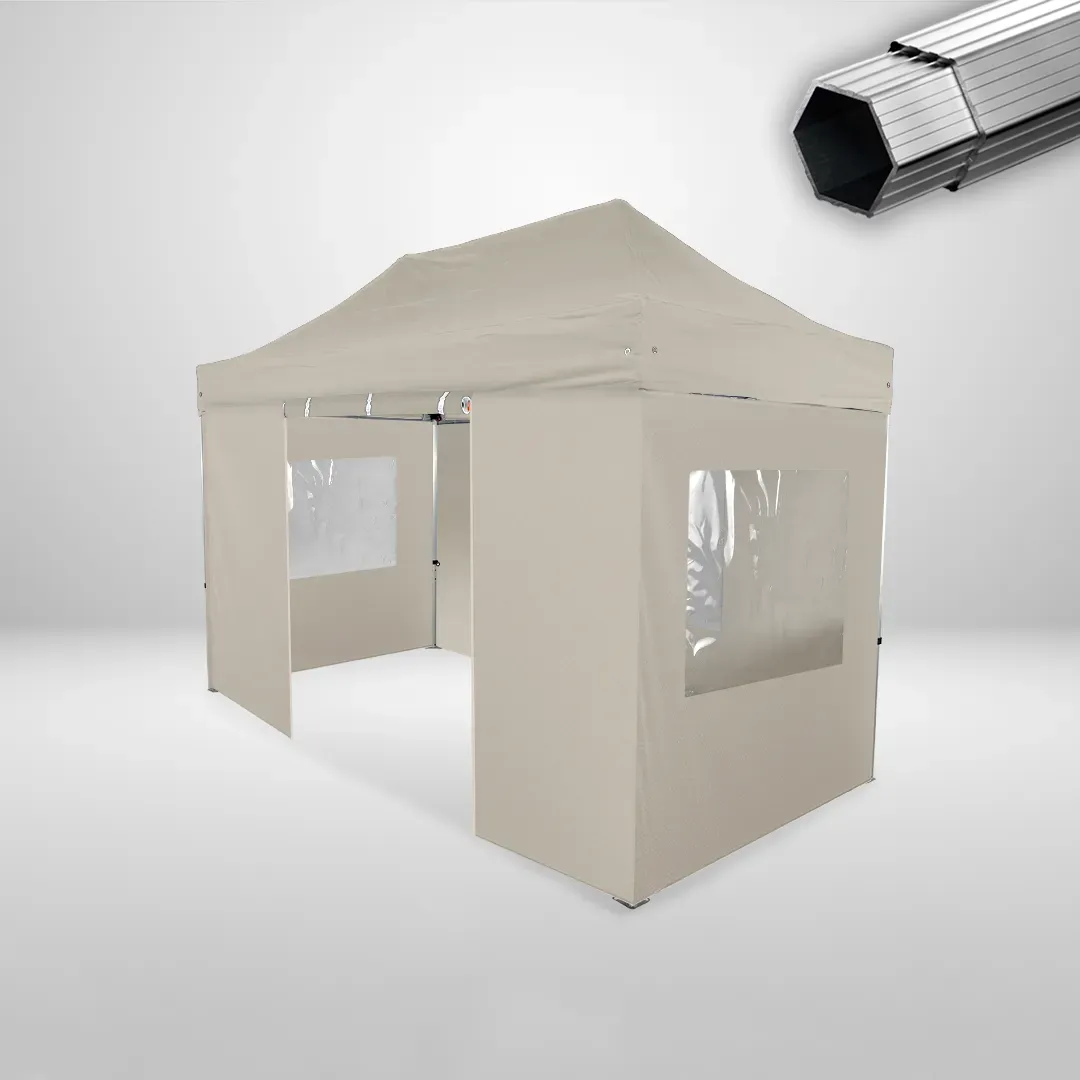 Carpa Plegable 4x2 m, Gama PLUS 40mm, 3 laterales con ventanas y 1 laterales con puerta, beige