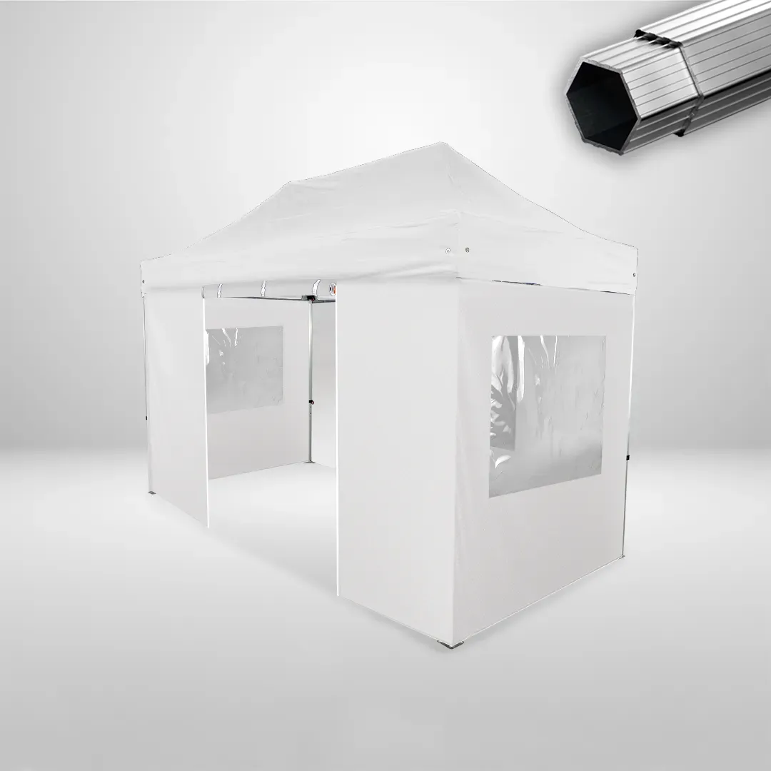 Carpa Plegable 4x2 m, Gama PLUS 40mm, 3 laterales con ventanas y 1 laterales con puerta, blanco
