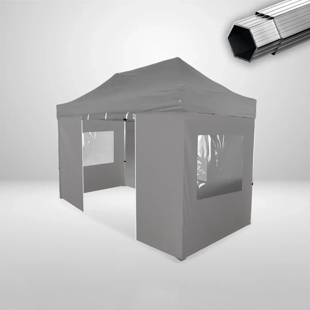 Carpa Plegable 4x2 m, Gama PLUS 40mm, 3 laterales con ventanas y 1 laterales con puerta, gris