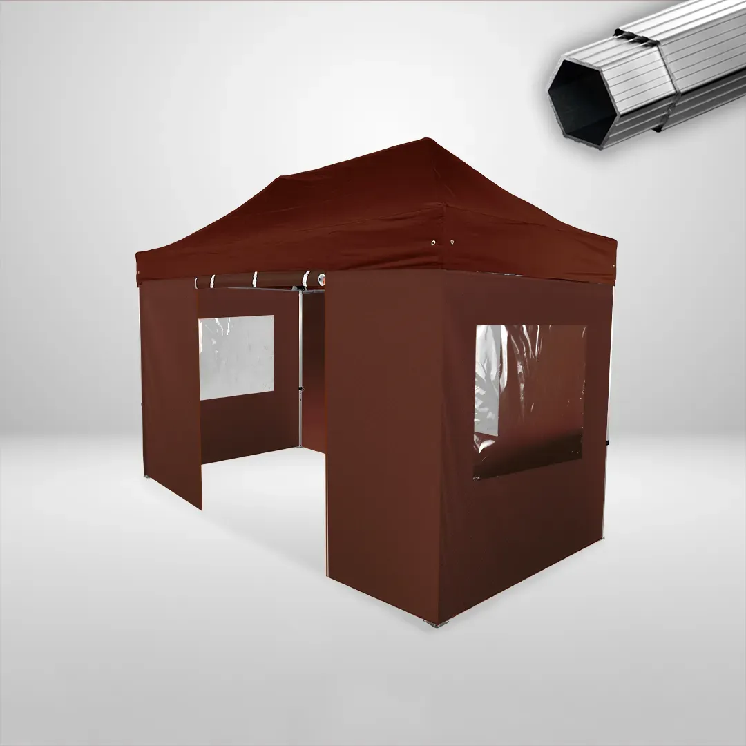 Carpa Plegable 4x2 m, Gama PLUS 40mm, 3 laterales con ventanas y 1 laterales con puerta, marron