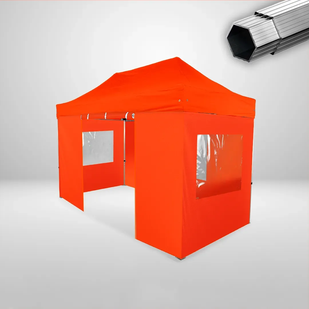Carpa Plegable 4x2 m, Gama PLUS 40mm, 3 laterales con ventanas y 1 laterales con puerta, naranja