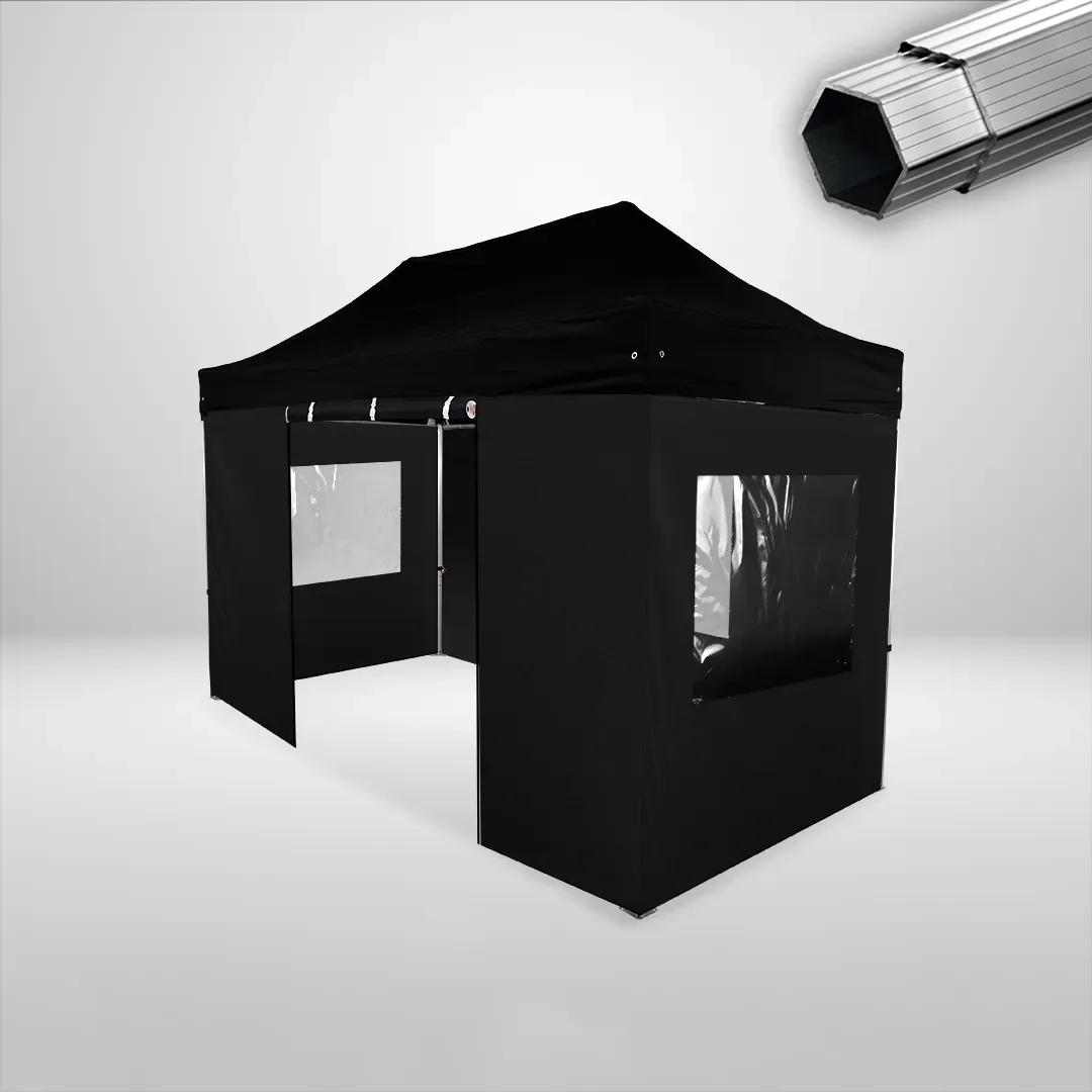 Carpa Plegable 4x2 m, Gama PLUS 40mm, 3 laterales con ventanas y 1 laterales con puerta, negro