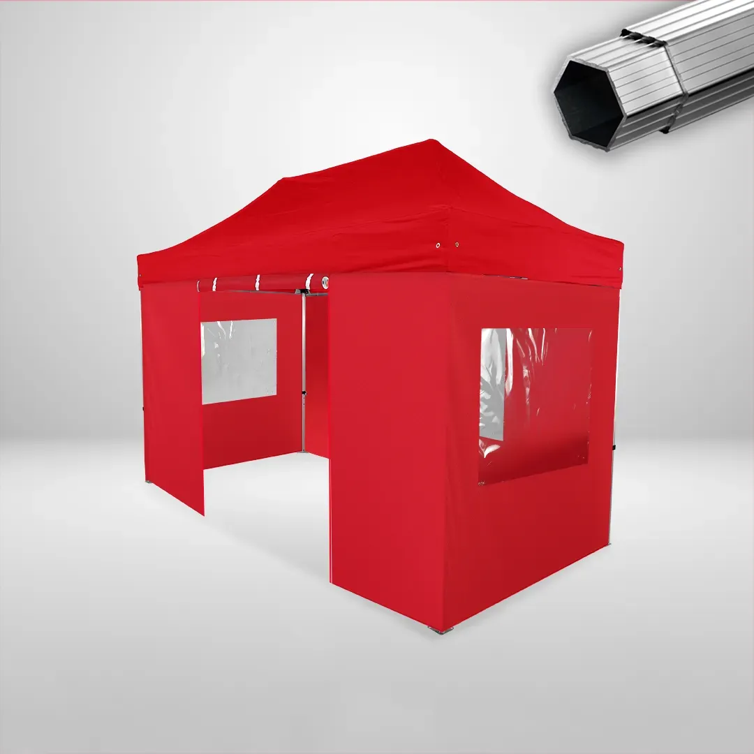 Carpa Plegable 4x2 m, Gama PLUS 40mm, 3 laterales con ventanas y 1 laterales con puerta, rojo