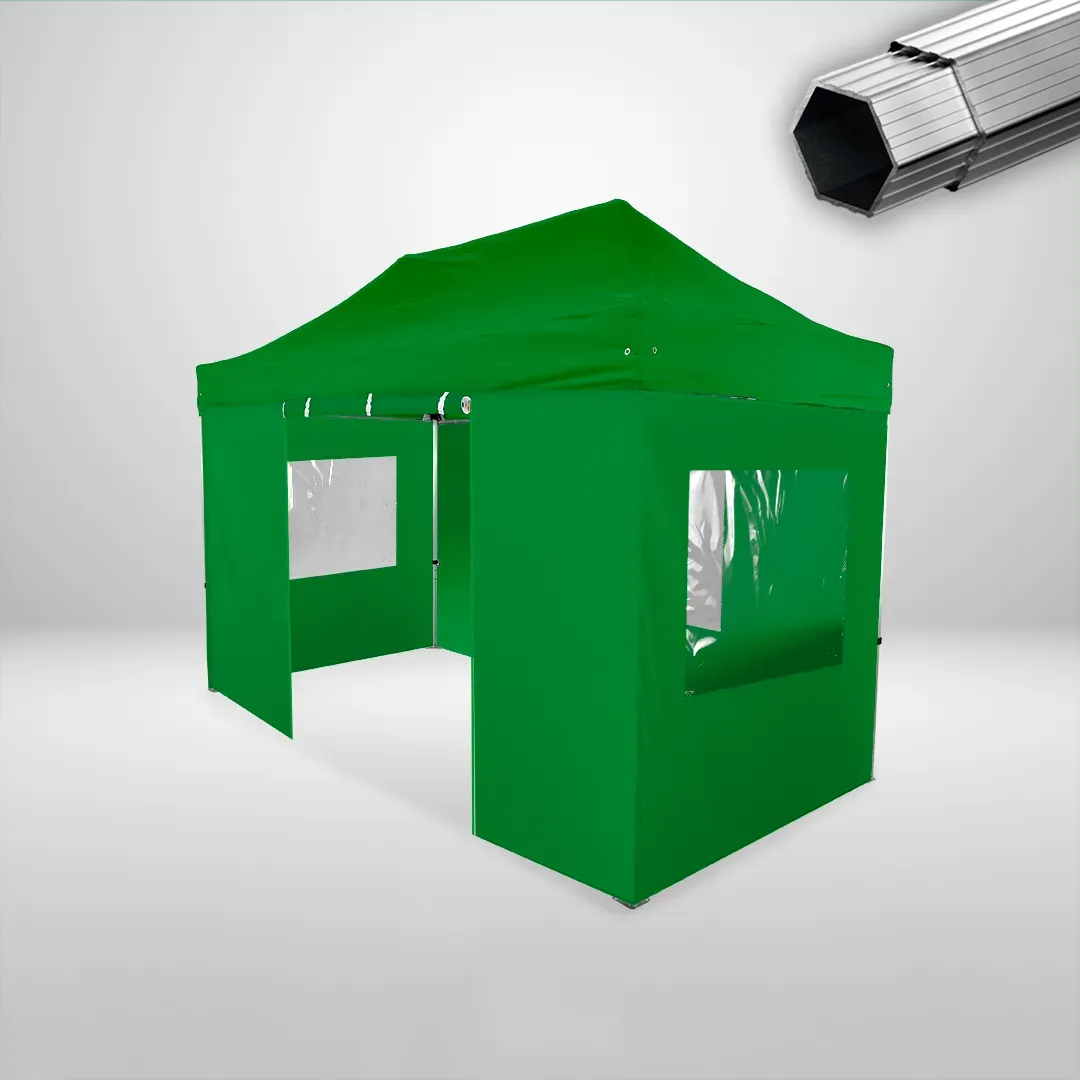 Carpa Plegable 4x2 m, Gama PLUS 40mm, 3 laterales con ventanas y 1 laterales con puerta, verde botella