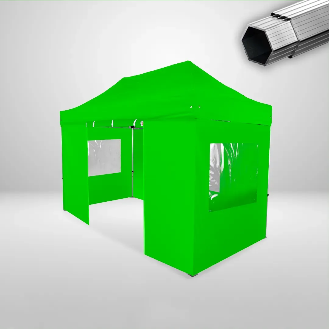 Carpa Plegable 4x2 m, Gama PLUS 40mm, 3 laterales con ventanas y 1 laterales con puerta, verde lima