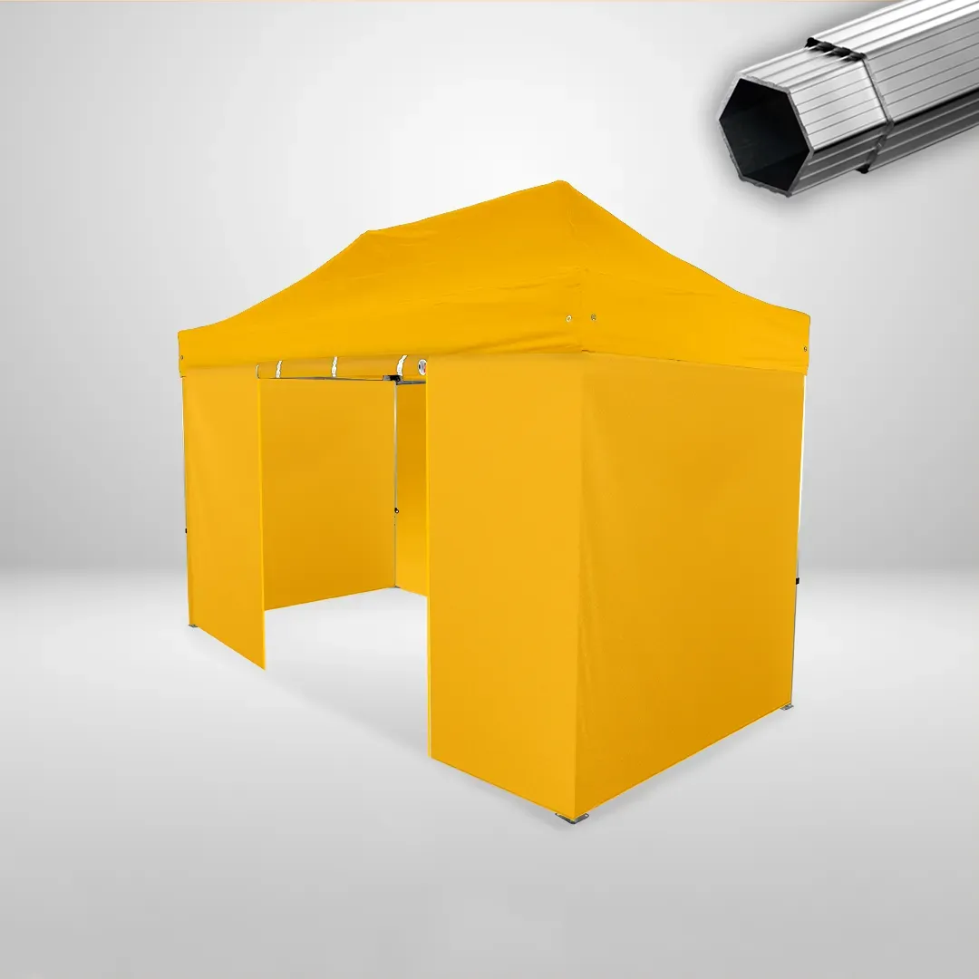 Carpa Plegable 4x2 m, Gama PLUS 40mm, 3 laterales lisos y 1 lateral con puerta, amarillo