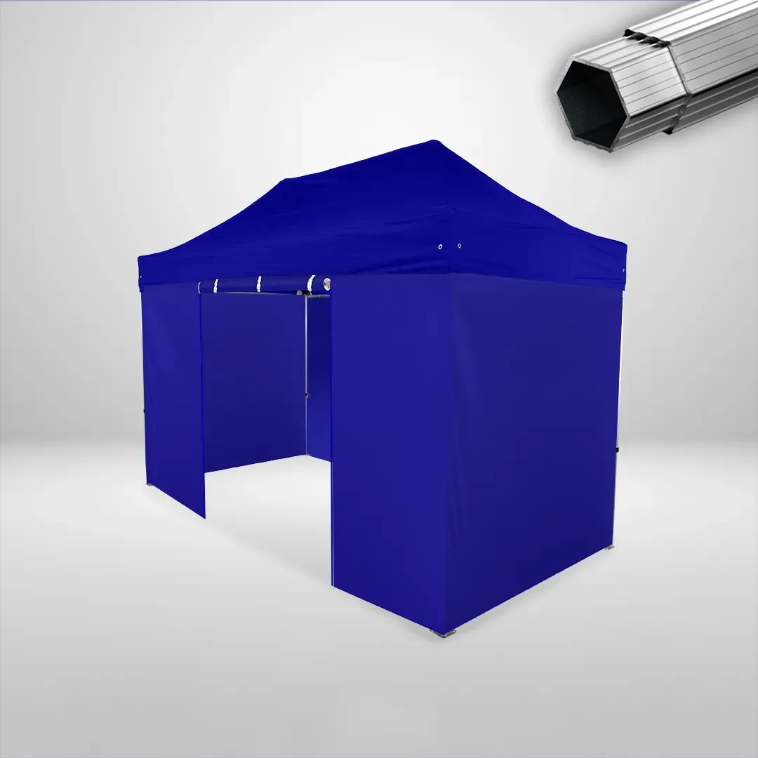 Carpa Plegable 4x2 m, Gama PLUS 40mm, 3 laterales lisos y 1 lateral con puerta, azul
