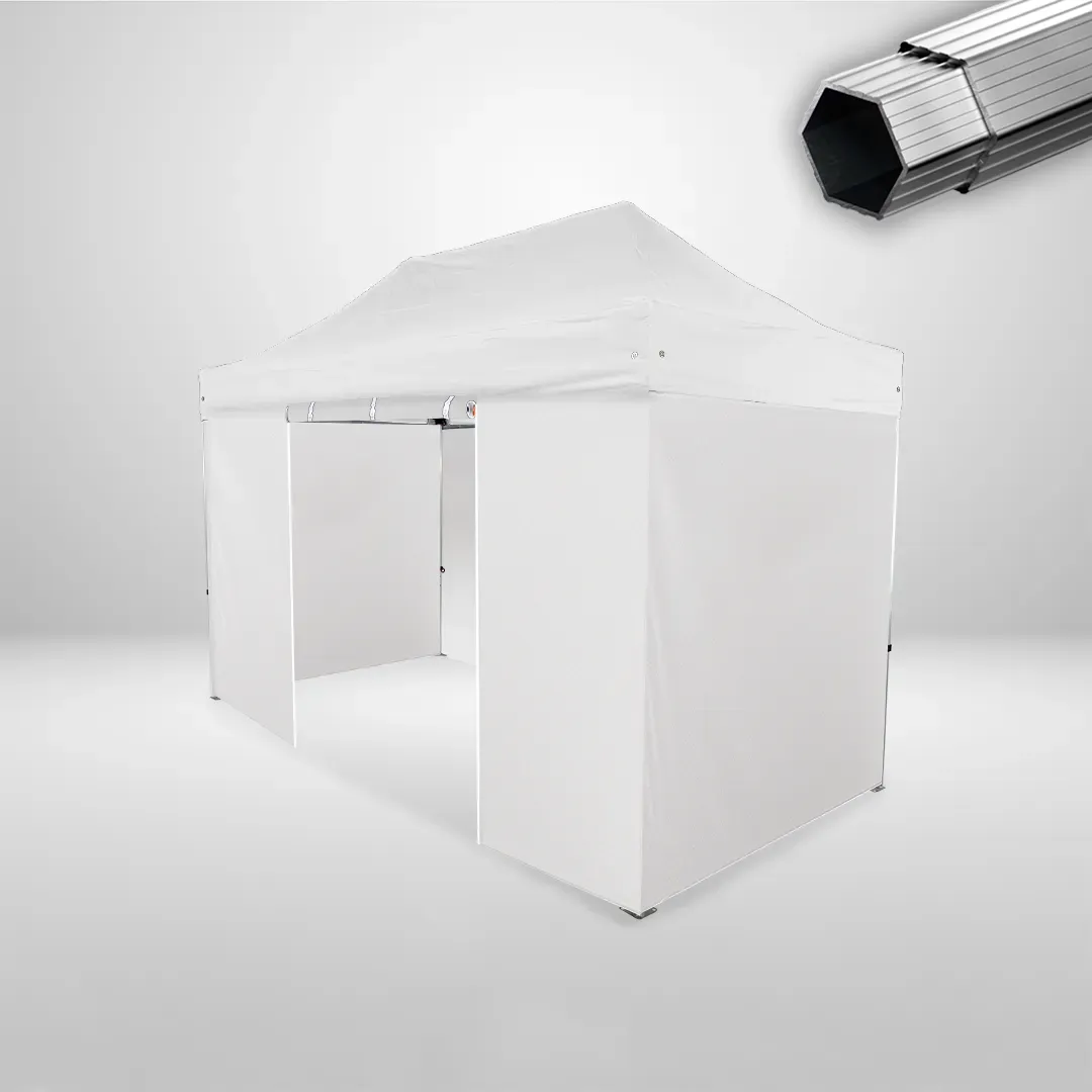 Carpa Plegable 4x2 m, Gama PLUS 40mm, 3 laterales lisos y 1 lateral con puerta, blanco