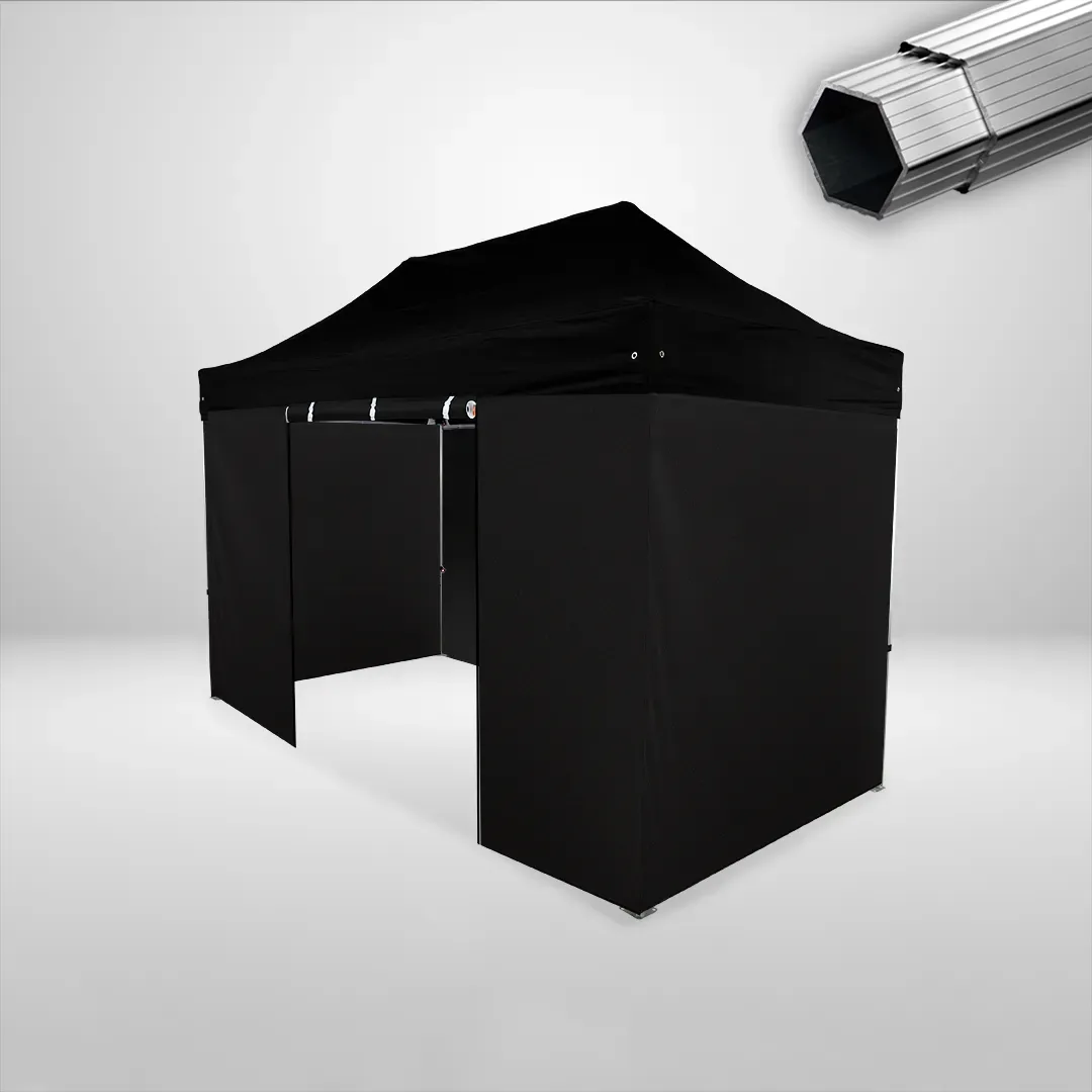 Carpa Plegable 4x2 m, Gama PLUS 40mm, 3 laterales lisos y 1 lateral con puerta, negro