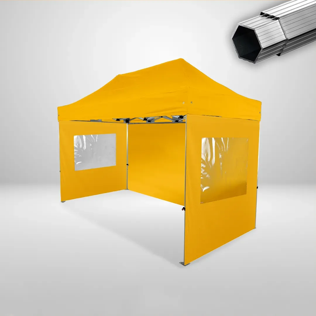 Carpa Plegable 4x2 m, Gama PLUS 40mm, 1 lateral liso y 2 laterales con ventanas, amarillo