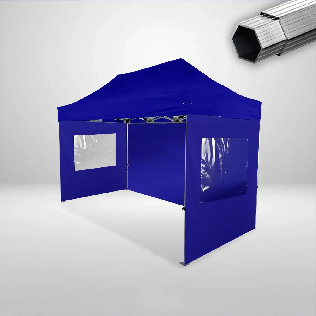 Carpa Plegable 4x2 m, Gama PLUS 40mm, 1 lateral liso y 2 laterales con ventanas, azul