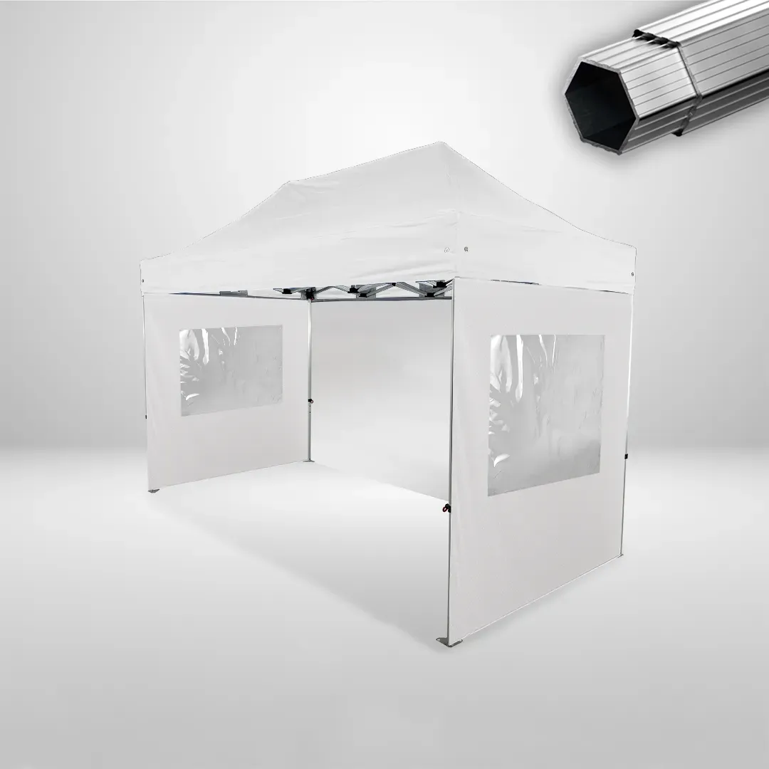 Carpa Plegable 4x2 m, Gama PLUS 40mm, 1 lateral liso y 2 laterales con ventanas, blanco