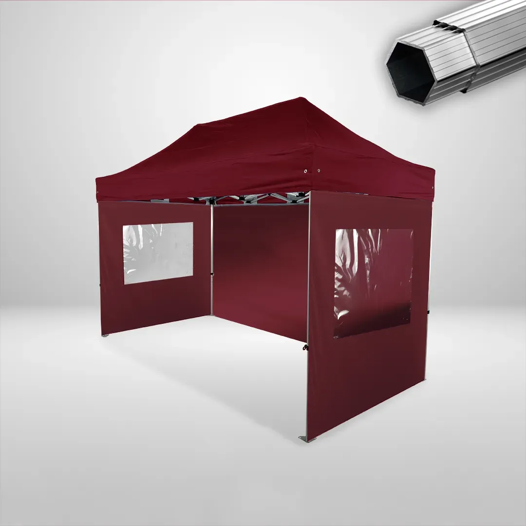 Carpa Plegable 4x2 m, Gama PLUS 40mm, 1 lateral liso y 2 laterales con ventanas, burdeos
