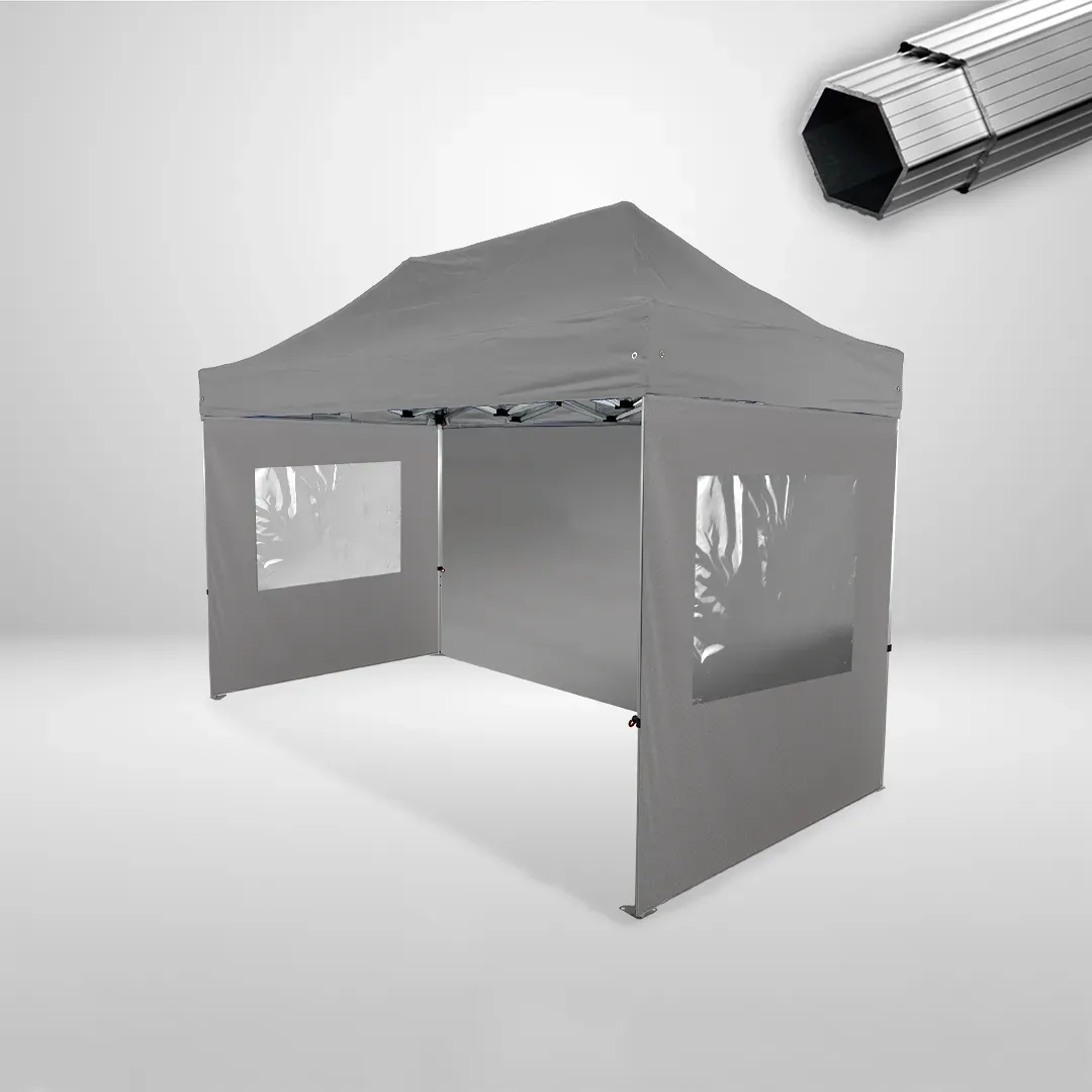 Carpa Plegable 4x2 m, Gama PLUS 40mm, 1 lateral liso y 2 laterales con ventanas, gris