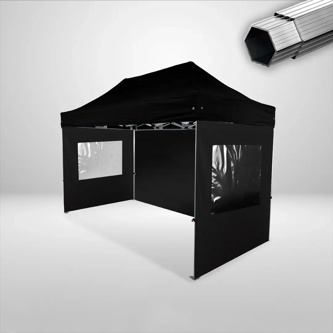 Carpa Plegable 4x2 m, Gama PLUS 40mm, 1 lateral liso y 2 laterales con ventanas, negro