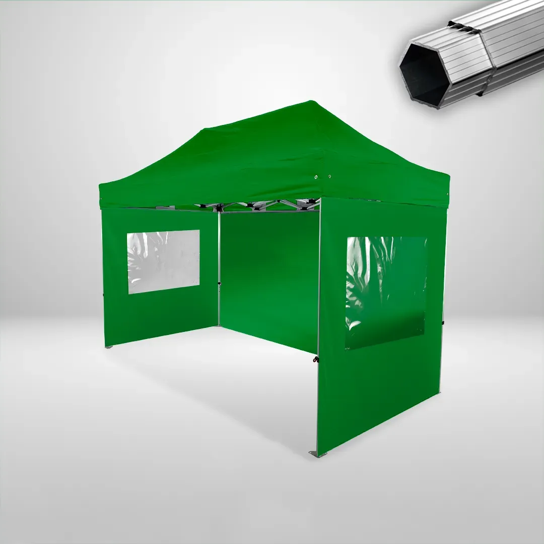 Carpa Plegable 4x2 m, Gama PLUS 40mm, 1 lateral liso y 2 laterales con ventanas, verde botella