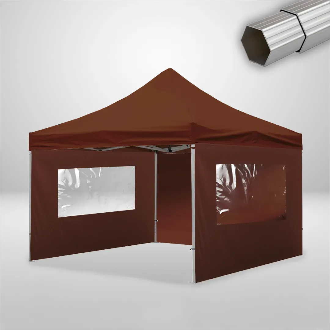 Carpa Plegable 4x4 m, Gama ELITE 50mm, 1 lateral liso y 2 laterales con ventanas, marron 1 Carpa Plegable 4x4 m, Gama ELITE 50mm, 1 lateral liso y 2 laterales con ventanas, marron