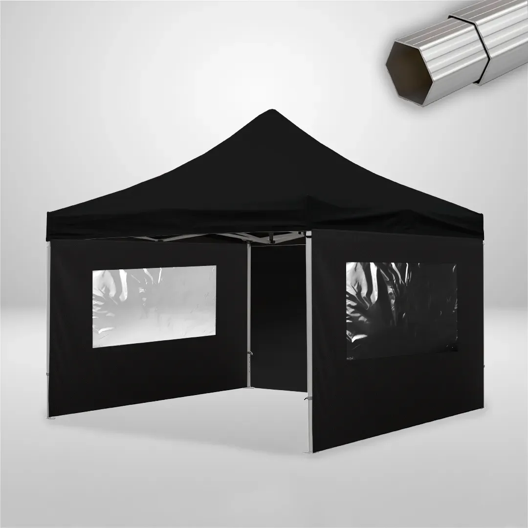 Carpa Plegable 4x4 m, Gama ELITE 50mm, 1 lateral liso y 2 laterales con ventanas, negro 1 Carpa Plegable 4x4 m, Gama ELITE 50mm, 1 lateral liso y 2 laterales con ventanas, negro