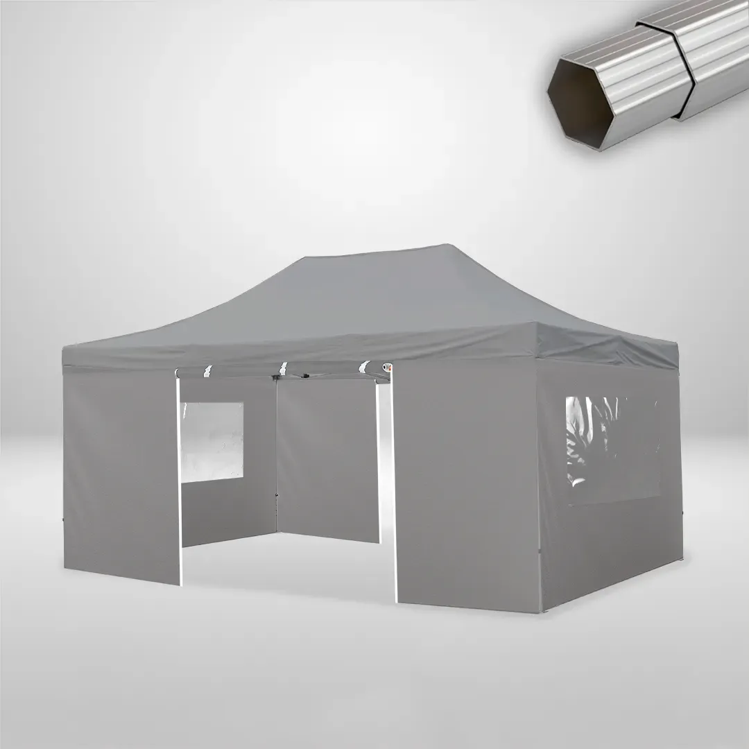 Carpa Plegable 6x4 m de 4 pilares, Gama ELITE 50mm, 2 laterales con puerta y 2 laterales con ventanas, gris 1 Carpa Plegable 6x4 m de 4 pilares, Gama ELITE 50mm, 2 laterales con puerta y 2 laterales con ventanas, gris