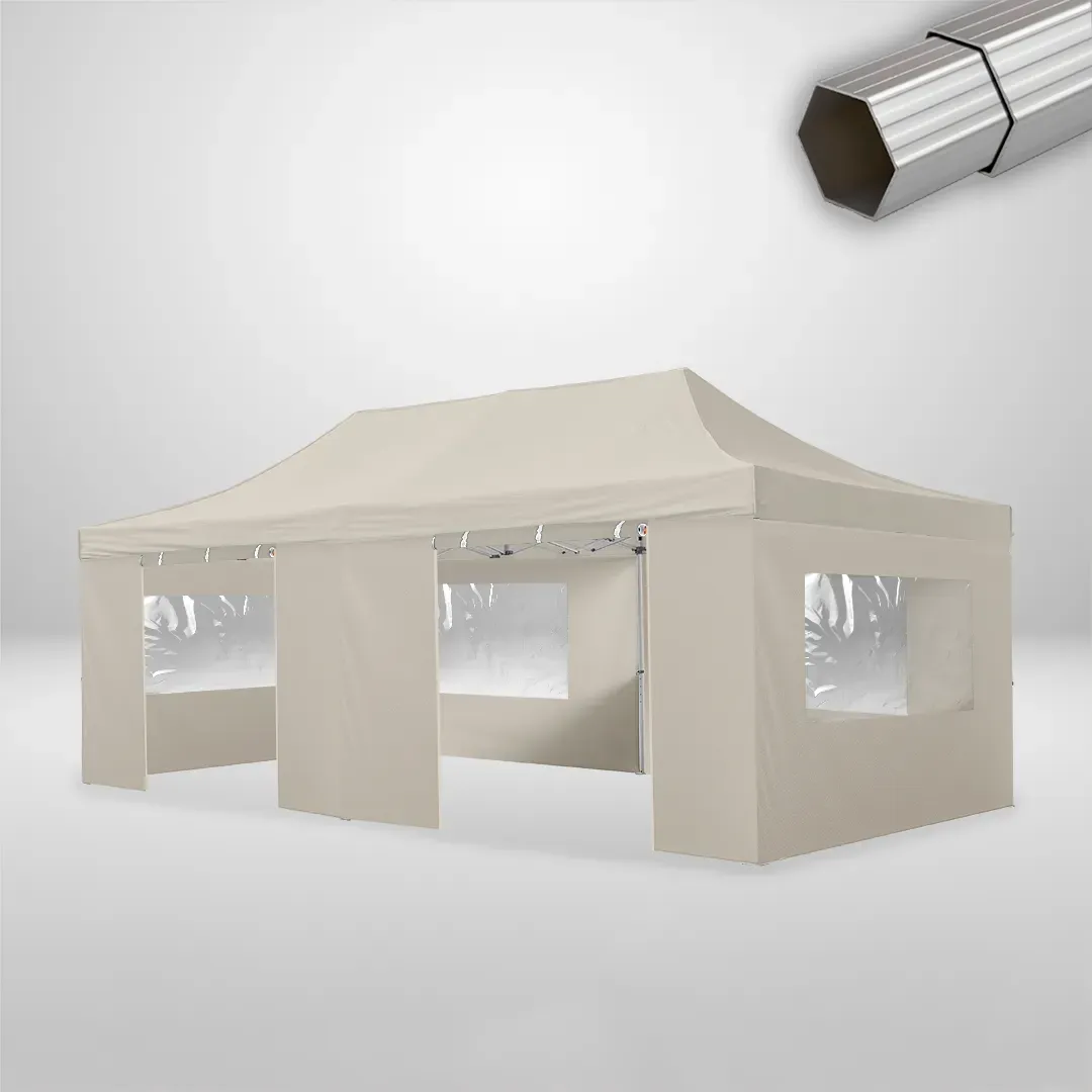Carpa Plegable 6x4 m de 6 pilares, Gama ELITE 50mm, 4 laterales con ventanas y 2 laterales con puerta, beige 1 Carpa Plegable 6x4 m de 6 pilares, Gama ELITE 50mm, 4 laterales con ventanas y 2 laterales con puerta, beige
