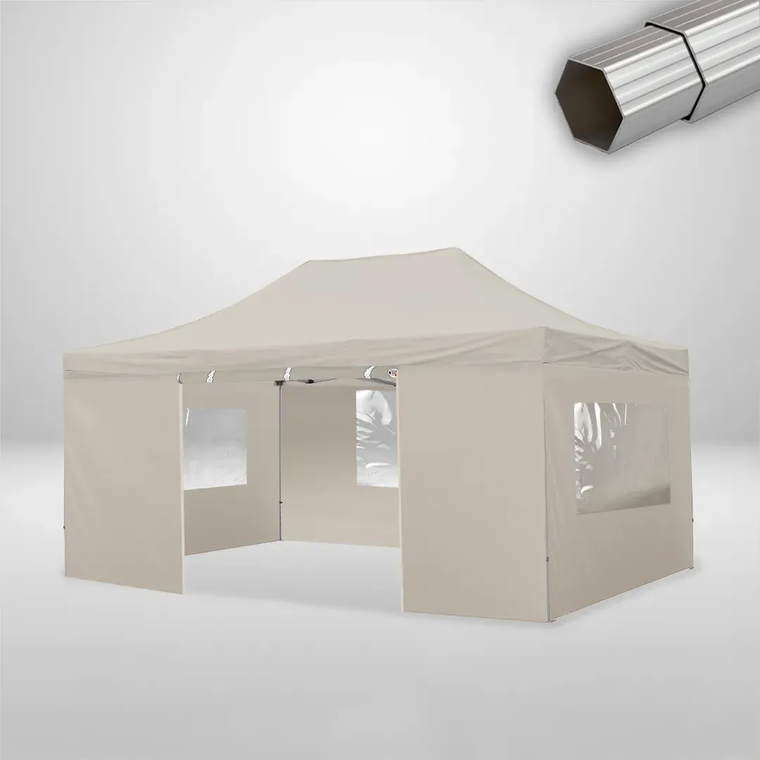 Carpa Plegable 6x4 m de 4 pilares, Gama ELITE 50mm, 3 laterales con ventanas y 1 laterales con puerta, beige 1 Carpa Plegable 6x4 m de 4 pilares, Gama ELITE 50mm, 3 laterales con ventanas y 1 laterales con puerta, beige