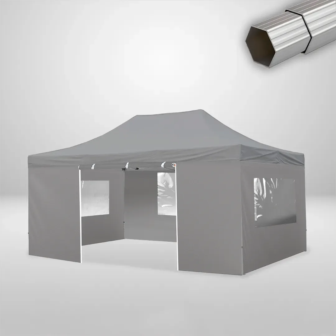 Carpa Plegable 6x4 m de 4 pilares, Gama ELITE 50mm, 3 laterales con ventanas y 1 laterales con puerta, gris 1 Carpa Plegable 6x4 m de 4 pilares, Gama ELITE 50mm, 3 laterales con ventanas y 1 laterales con puerta, gris