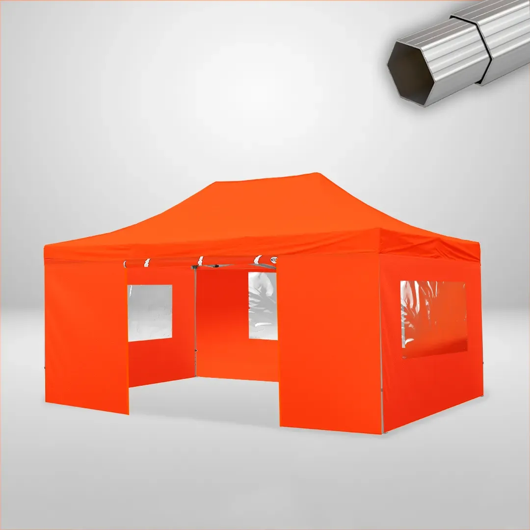 Carpa Plegable 6x4 m de 4 pilares, Gama ELITE 50mm, 3 laterales con ventanas y 1 laterales con puerta, naranja 1 Carpa Plegable 6x4 m de 4 pilares, Gama ELITE 50mm, 3 laterales con ventanas y 1 laterales con puerta, naranja