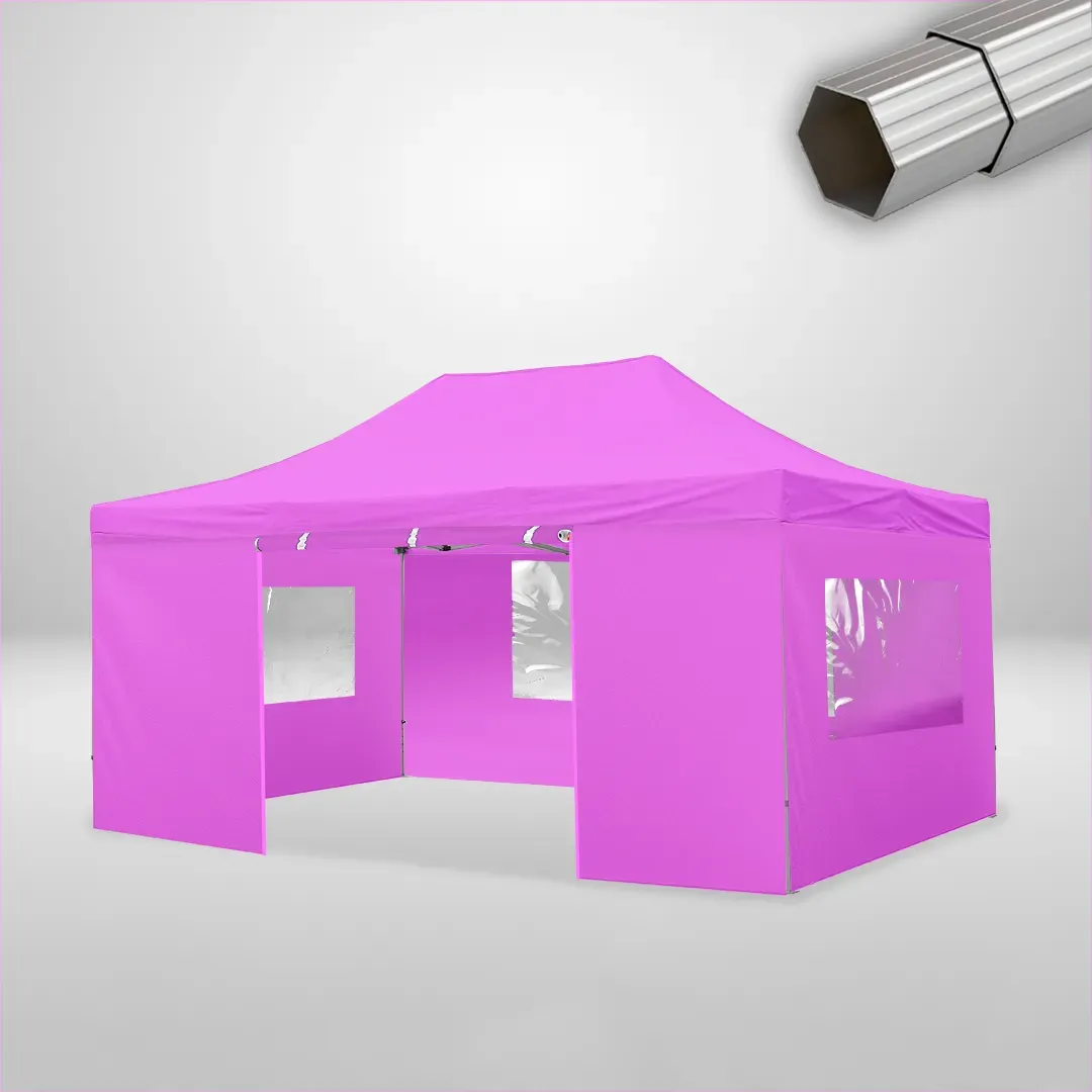 Carpa Plegable 6x4 m de 4 pilares, Gama ELITE 50mm, 3 laterales con ventanas y 1 laterales con puerta, rosa 1 Carpa Plegable 6x4 m de 4 pilares, Gama ELITE 50mm, 3 laterales con ventanas y 1 laterales con puerta, rosa