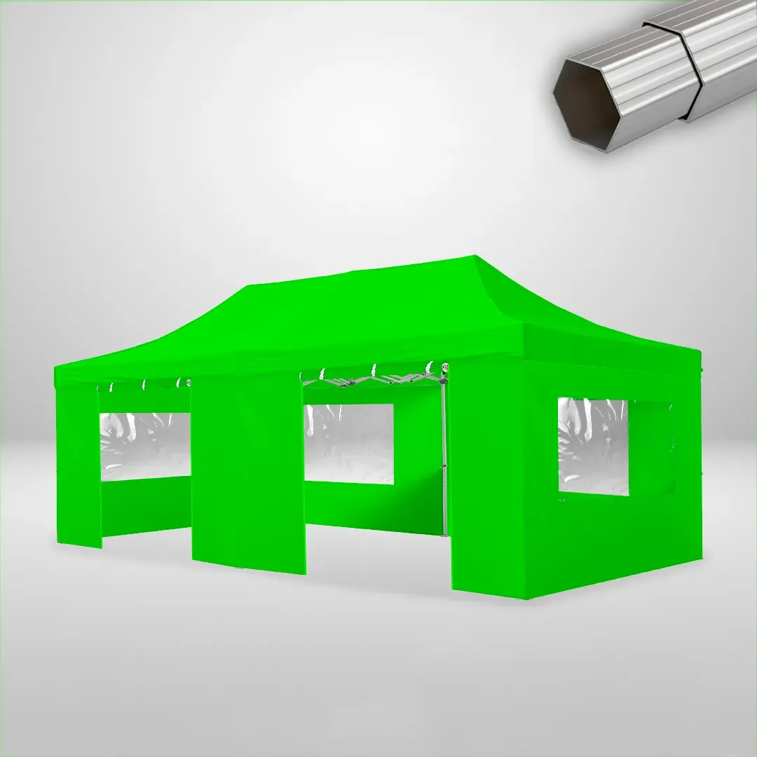 Carpa Plegable 6x4 m de 6 pilares, Gama ELITE 50mm, 4 laterales con ventanas y 2 laterales con puerta, verde lima 1 Carpa Plegable 6x4 m de 6 pilares, Gama ELITE 50mm, 4 laterales con ventanas y 2 laterales con puerta, verde lima