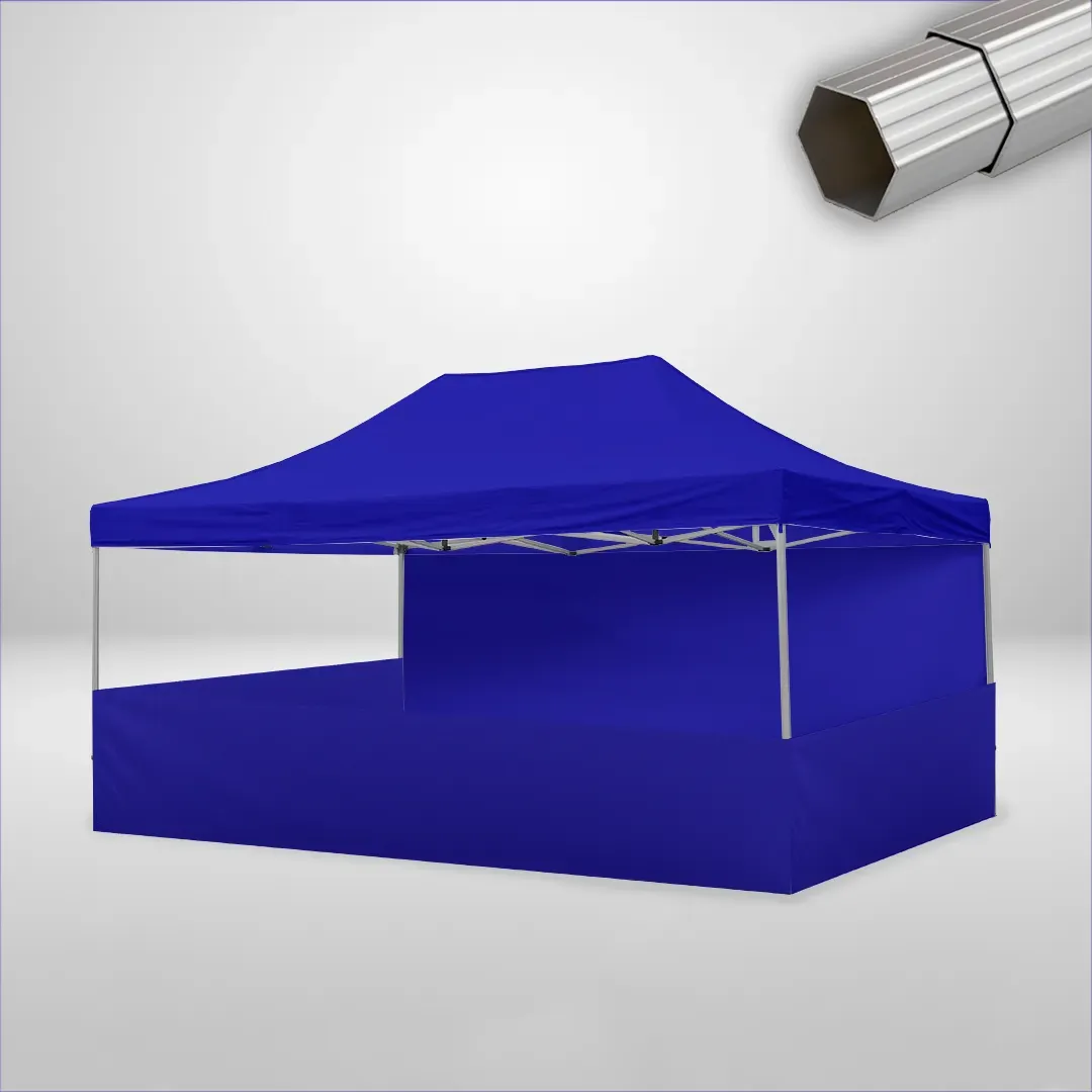 Carpa Plegable 6x4 m de 4 pilares, Gama ELITE 50mm, 1 lateral liso y 3 laterales a media altura, azul 1 Carpa Plegable 6x4 m de 4 pilares, Gama ELITE 50mm, 1 lateral liso y 3 laterales a media altura, azul