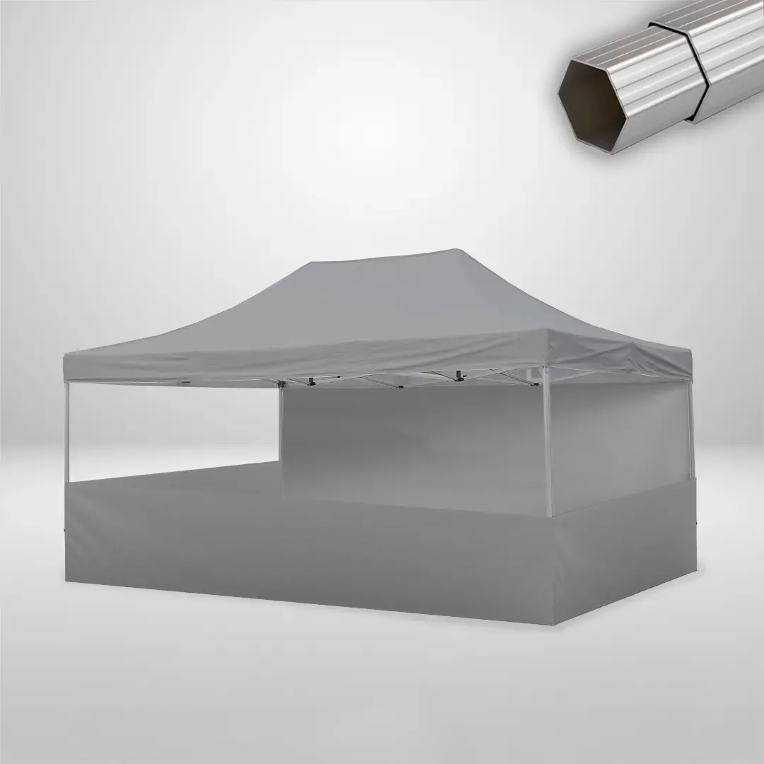 Carpa Plegable 6x4 m de 4 pilares, Gama ELITE 50mm, 1 lateral liso y 3 laterales a media altura, gris 1 Carpa Plegable 6x4 m de 4 pilares, Gama ELITE 50mm, 1 lateral liso y 3 laterales a media altura, gris