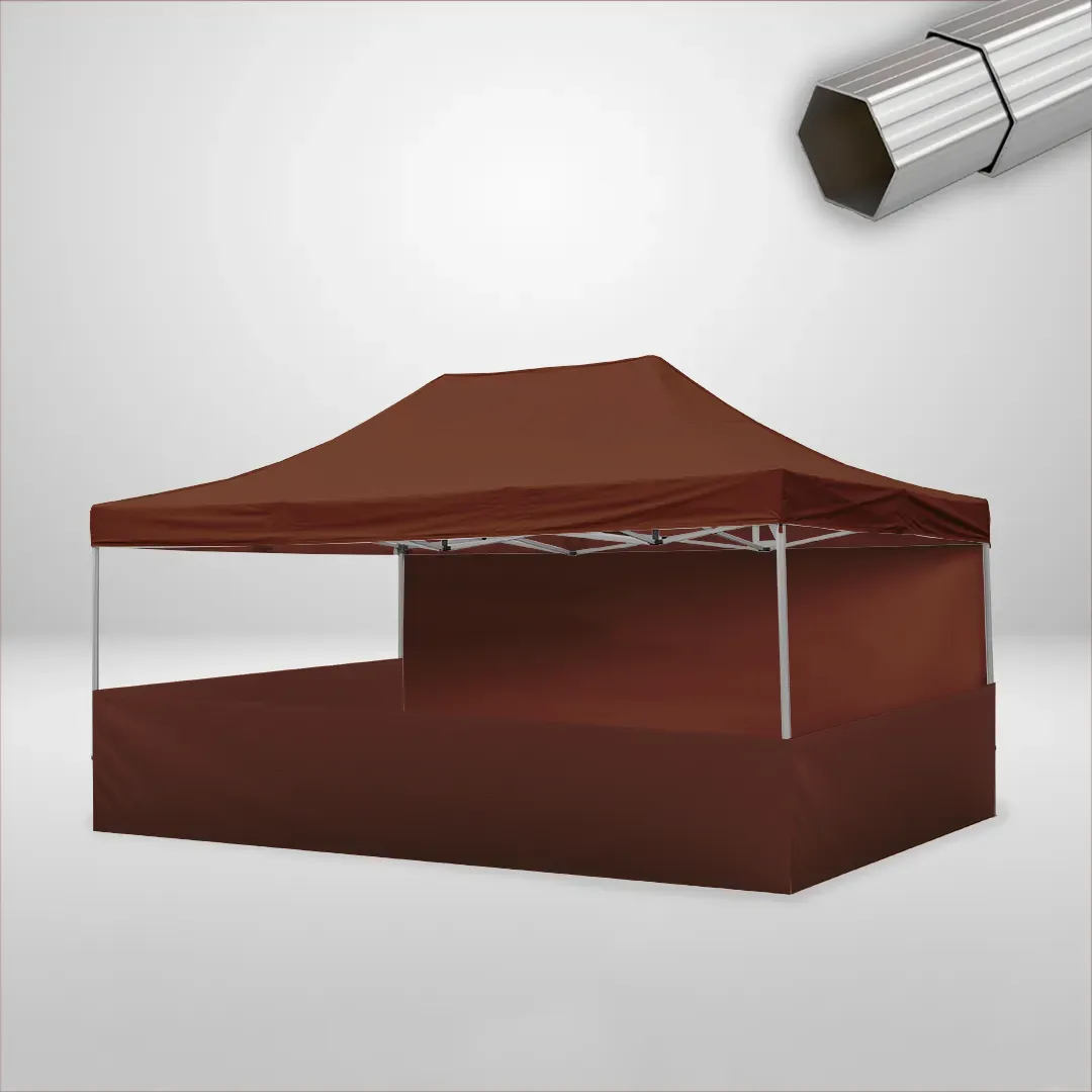 Carpa Plegable 6x4 m de 4 pilares, Gama ELITE 50mm, 1 lateral liso y 3 laterales a media altura, marron 1 Carpa Plegable 6x4 m de 4 pilares, Gama ELITE 50mm, 1 lateral liso y 3 laterales a media altura, marron