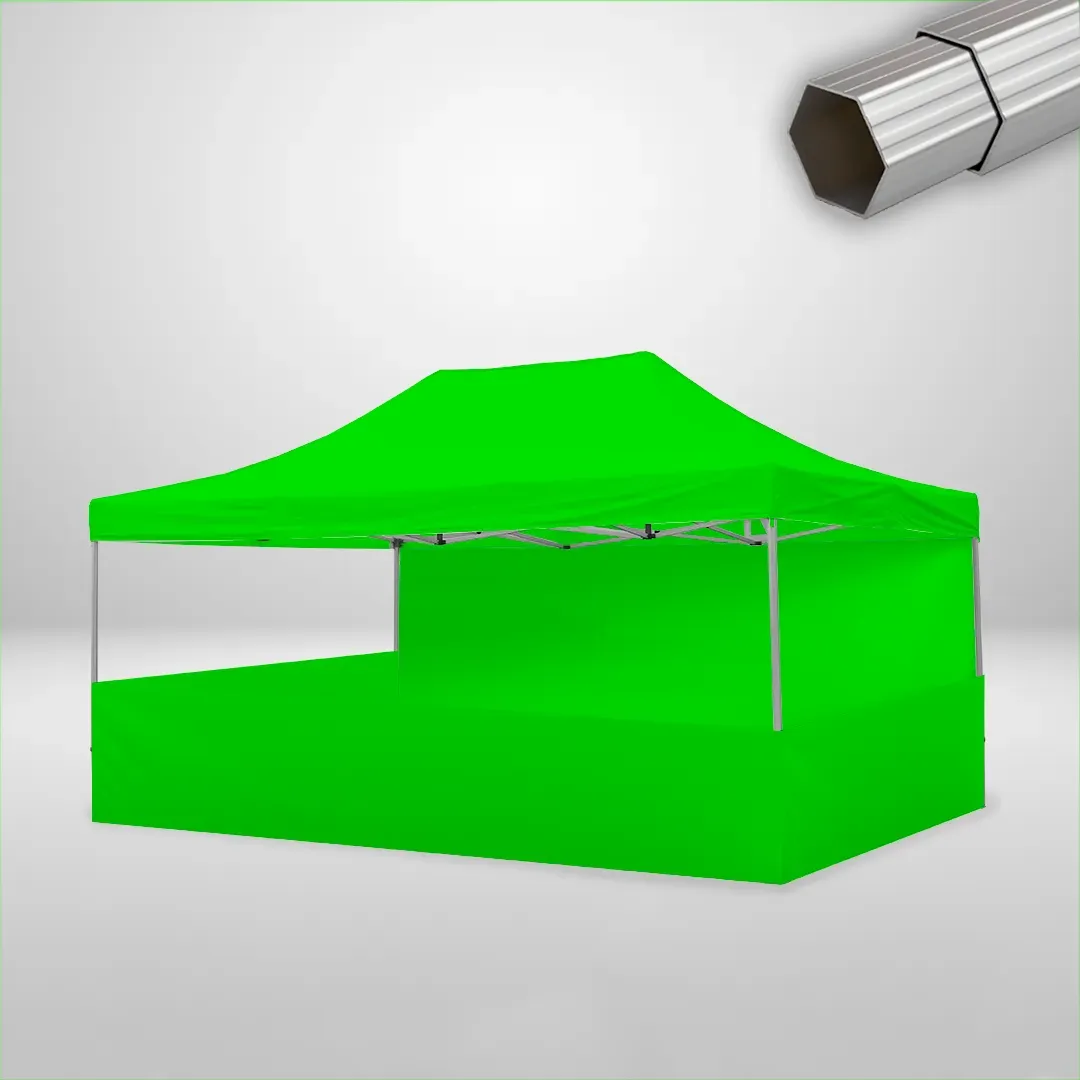 Carpa Plegable 6x4 m de 4 pilares, Gama ELITE 50mm, 1 lateral liso y 3 laterales a media altura, verde lima 1 Carpa Plegable 6x4 m de 4 pilares, Gama ELITE 50mm, 1 lateral liso y 3 laterales a media altura, verde lima