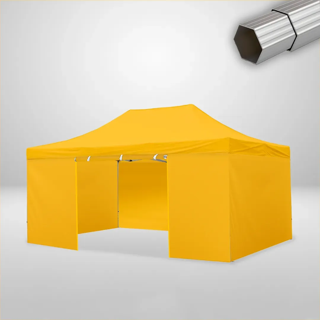 Carpa Plegable 6x4 m de 4 pilares, Gama ELITE 50mm, 3 laterales lisos y 1 lateral con puerta, amarillo 1 Carpa Plegable 6x4 m de 4 pilares, Gama ELITE 50mm, 3 laterales lisos y 1 lateral con puerta, amarillo