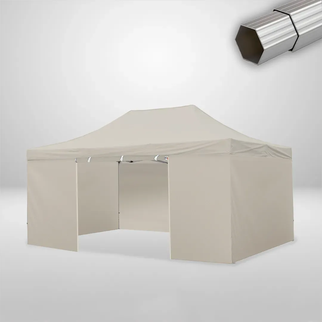 Carpa Plegable 6x4 m de 4 pilares, Gama ELITE 50mm, 3 laterales lisos y 1 lateral con puerta, beige 1 Carpa Plegable 6x4 m de 4 pilares, Gama ELITE 50mm, 3 laterales lisos y 1 lateral con puerta, beige