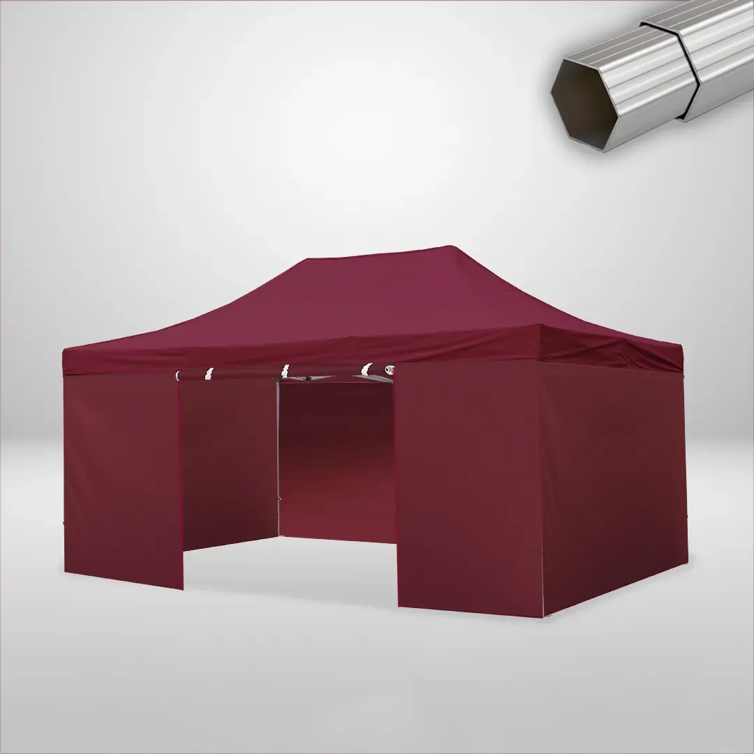 Carpa Plegable 6x4 m de 4 pilares, Gama ELITE 50mm, 3 laterales lisos y 1 lateral con puerta, burdeos 1 Carpa Plegable 6x4 m de 4 pilares, Gama ELITE 50mm, 3 laterales lisos y 1 lateral con puerta, burdeos