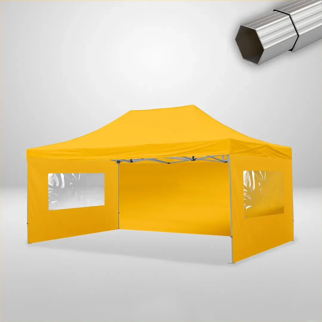 Carpa Plegable 6x4 m de 4 pilares, Gama ELITE 50mm, 1 lateral liso y 2 laterales con ventanas, amarillo 1 Carpa Plegable 6x4 m de 4 pilares, Gama ELITE 50mm, 1 lateral liso y 2 laterales con ventanas, amarillo