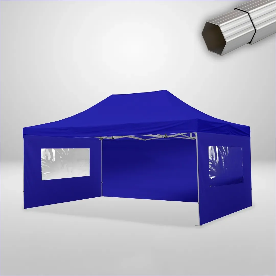 Carpa Plegable 6x4 m de 4 pilares, Gama ELITE 50mm, 1 lateral liso y 2 laterales con ventanas, azul 1 Carpa Plegable 6x4 m de 4 pilares, Gama ELITE 50mm, 1 lateral liso y 2 laterales con ventanas, azul