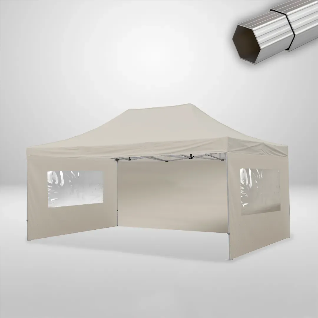 Carpa Plegable 6x4 m de 4 pilares, Gama ELITE 50mm, 1 lateral liso y 2 laterales con ventanas, beige 1 Carpa Plegable 6x4 m de 4 pilares, Gama ELITE 50mm, 1 lateral liso y 2 laterales con ventanas, beige