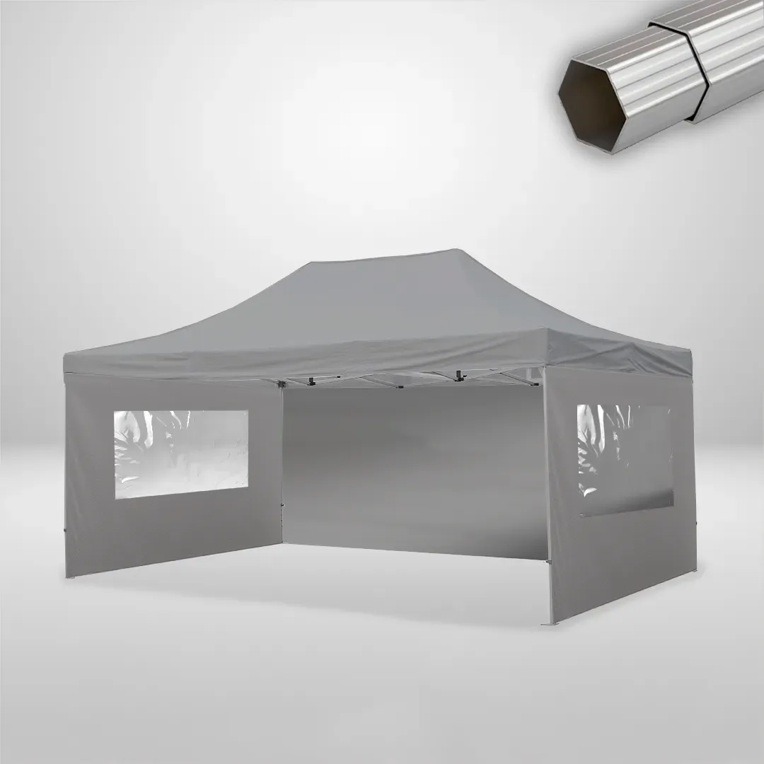 Carpa Plegable 6x4 m de 4 pilares, Gama ELITE 50mm, 1 lateral liso y 2 laterales con ventanas, gris 1 Carpa Plegable 6x4 m de 4 pilares, Gama ELITE 50mm, 1 lateral liso y 2 laterales con ventanas, gris