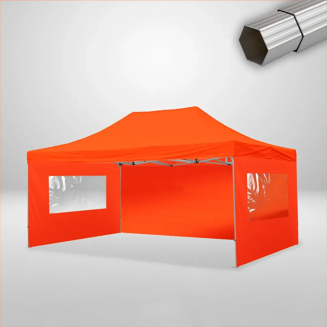 Carpa Plegable 6x4 m de 4 pilares, Gama ELITE 50mm, 1 lateral liso y 2 laterales con ventanas, naranja 1 Carpa Plegable 6x4 m de 4 pilares, Gama ELITE 50mm, 1 lateral liso y 2 laterales con ventanas, naranja