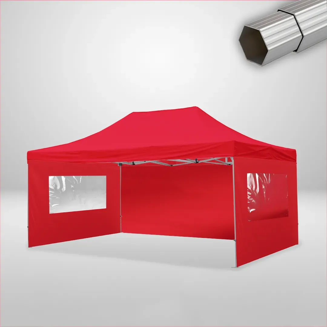 Carpa Plegable 6x4 m de 4 pilares, Gama ELITE 50mm, 1 lateral liso y 2 laterales con ventanas, rojo 1 Carpa Plegable 6x4 m de 4 pilares, Gama ELITE 50mm, 1 lateral liso y 2 laterales con ventanas, rojo